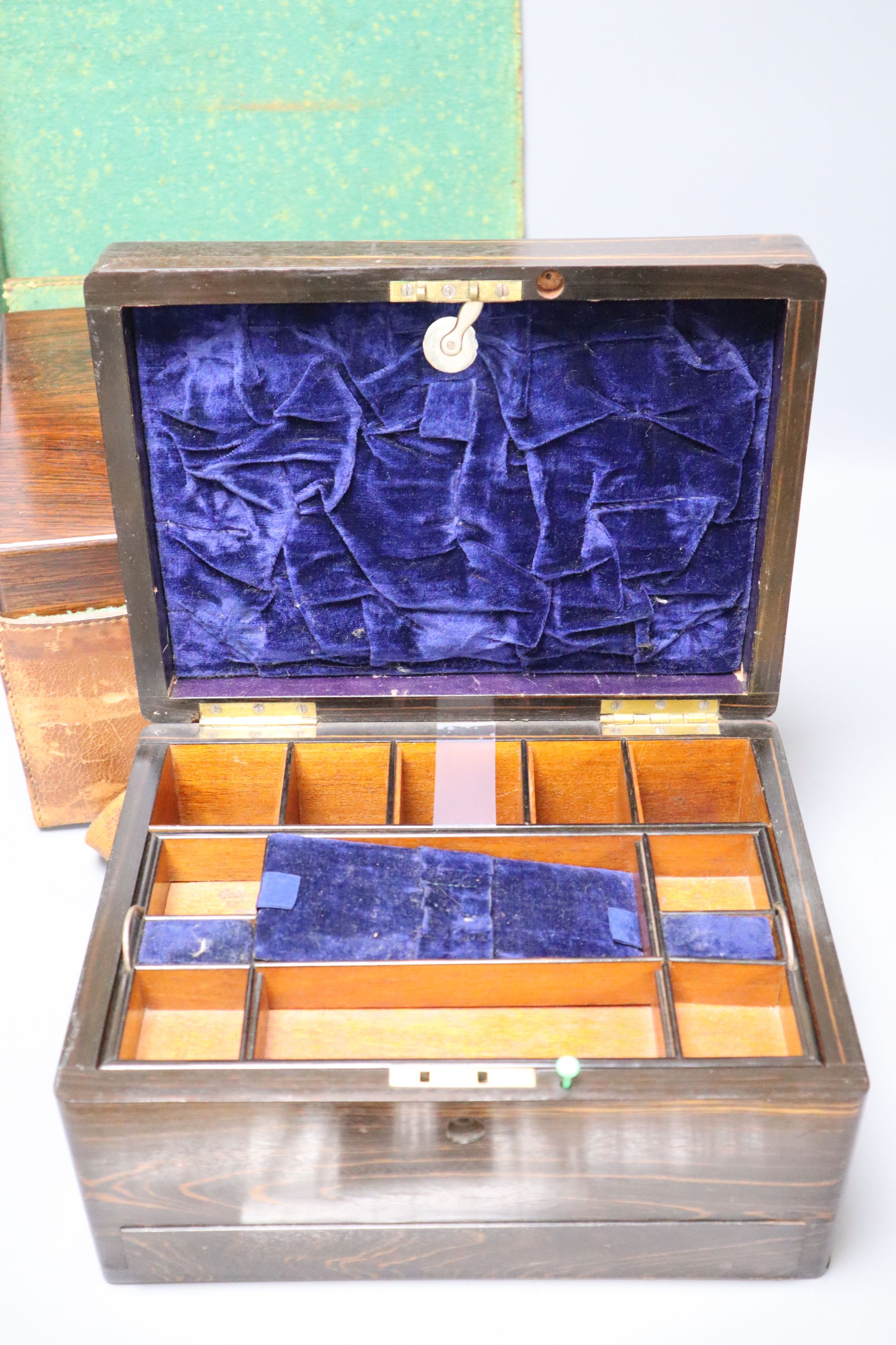 Two Victorian dressing cases, in rosewood with leather case, and coromandel, 30.5 and 28cm